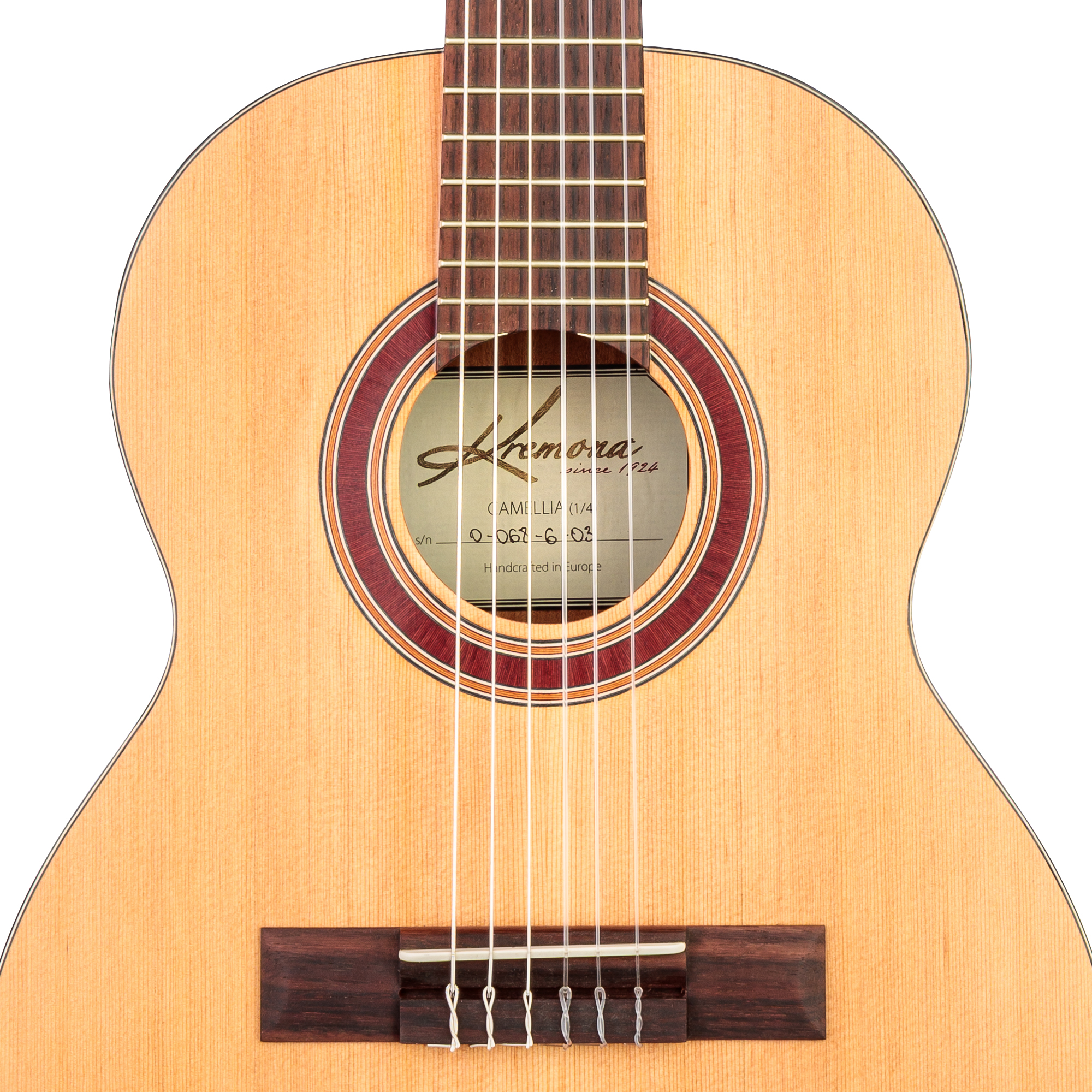 Kremona Camellia handcrafted European fractional 1-4 classical guitar close up