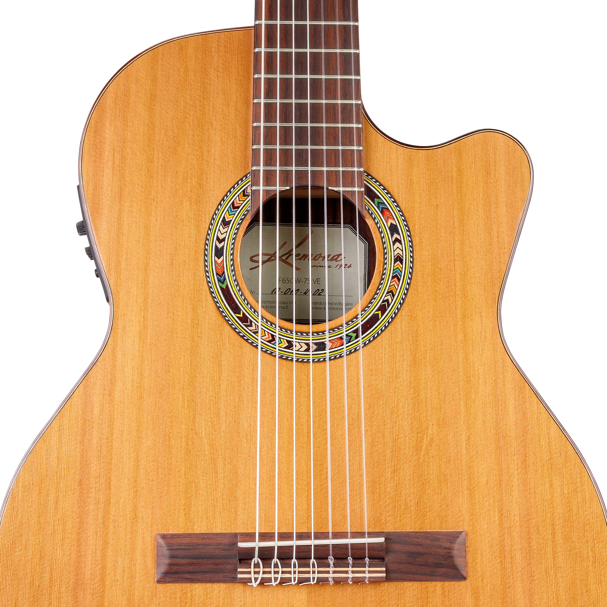 Kremona F65CW 7S-VE 7-string cutaway stage nylon guitar with Fishman Clasica III close up