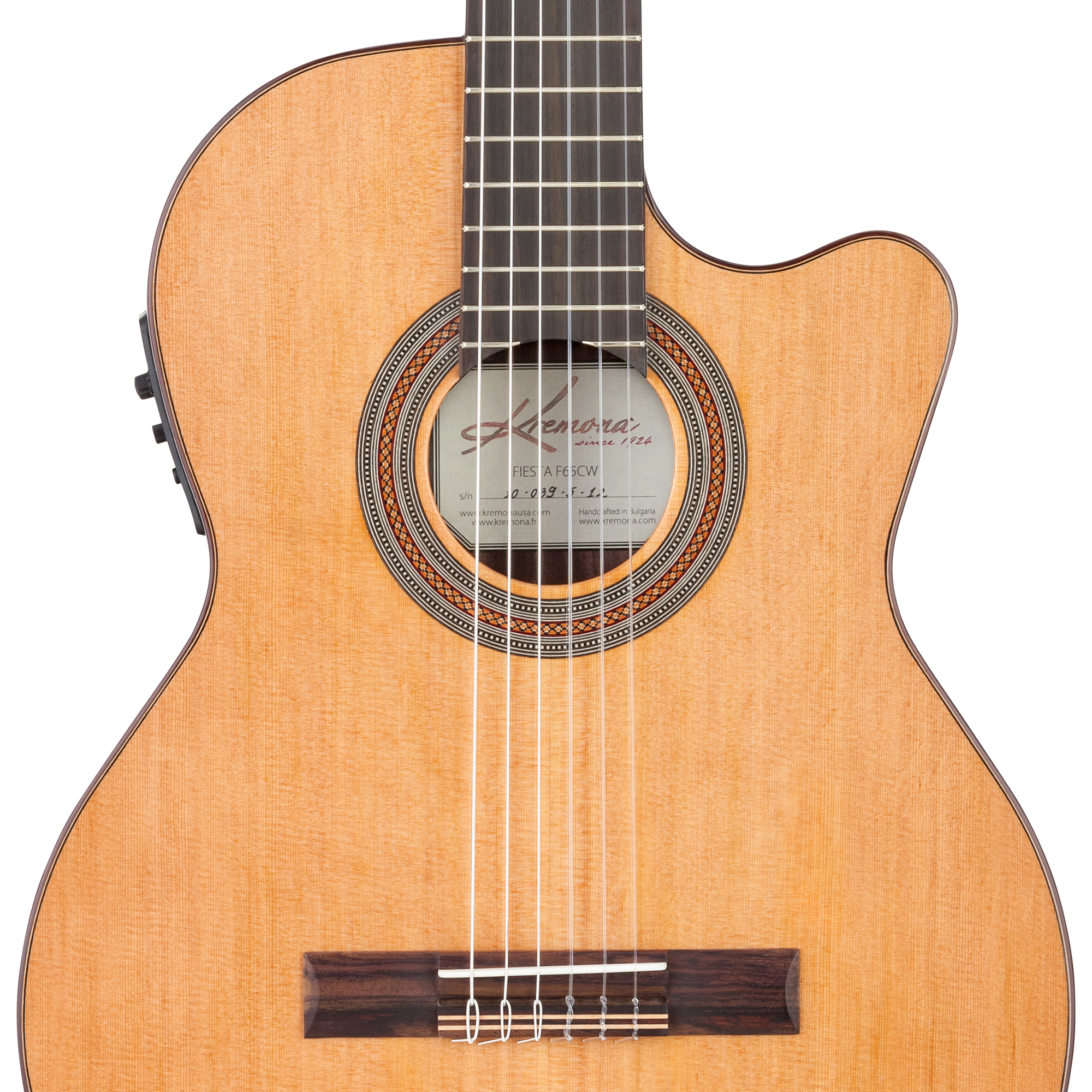 Kremona F65CW cutaway nylon stage guitar with solid cedar top and hand-inlaid wood rosette
