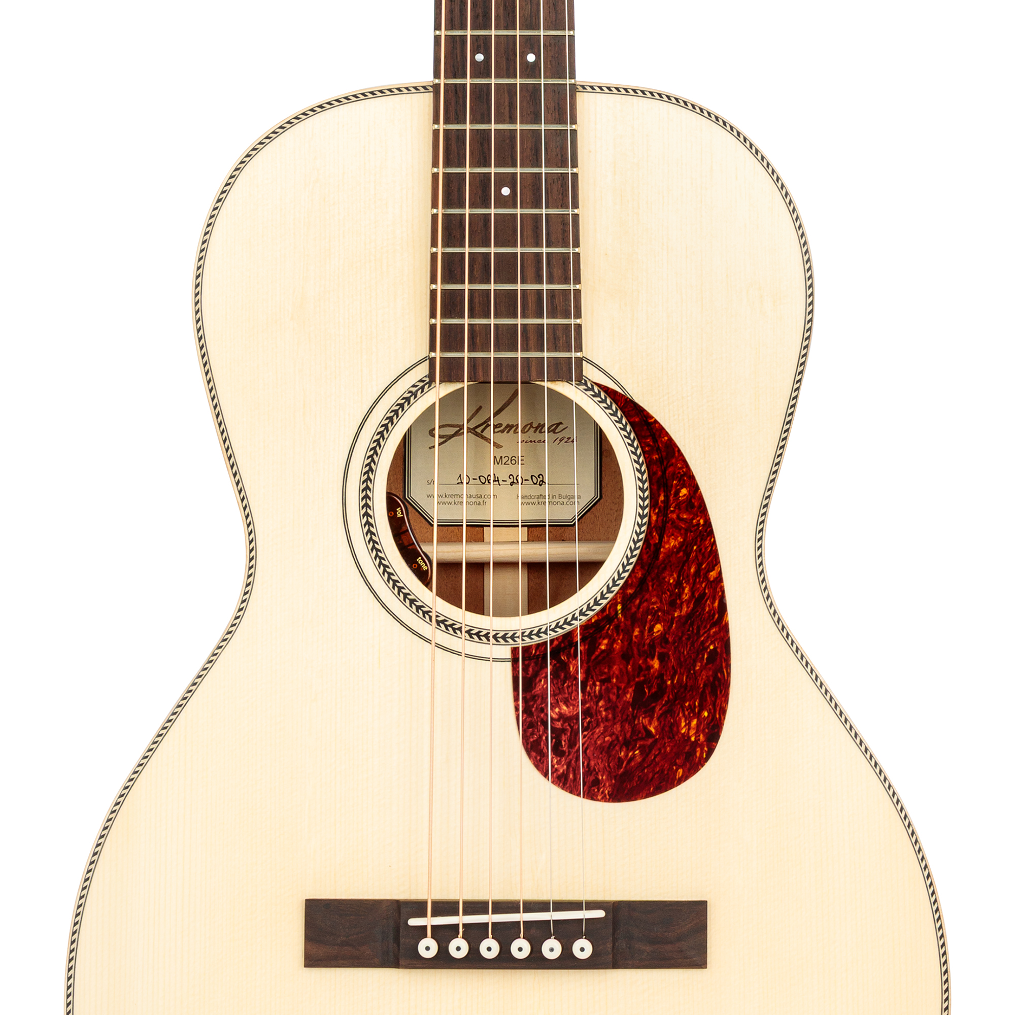 Kremona M26E handcrafted parlor acoustic-electric guitar with wooden herringbone rosette