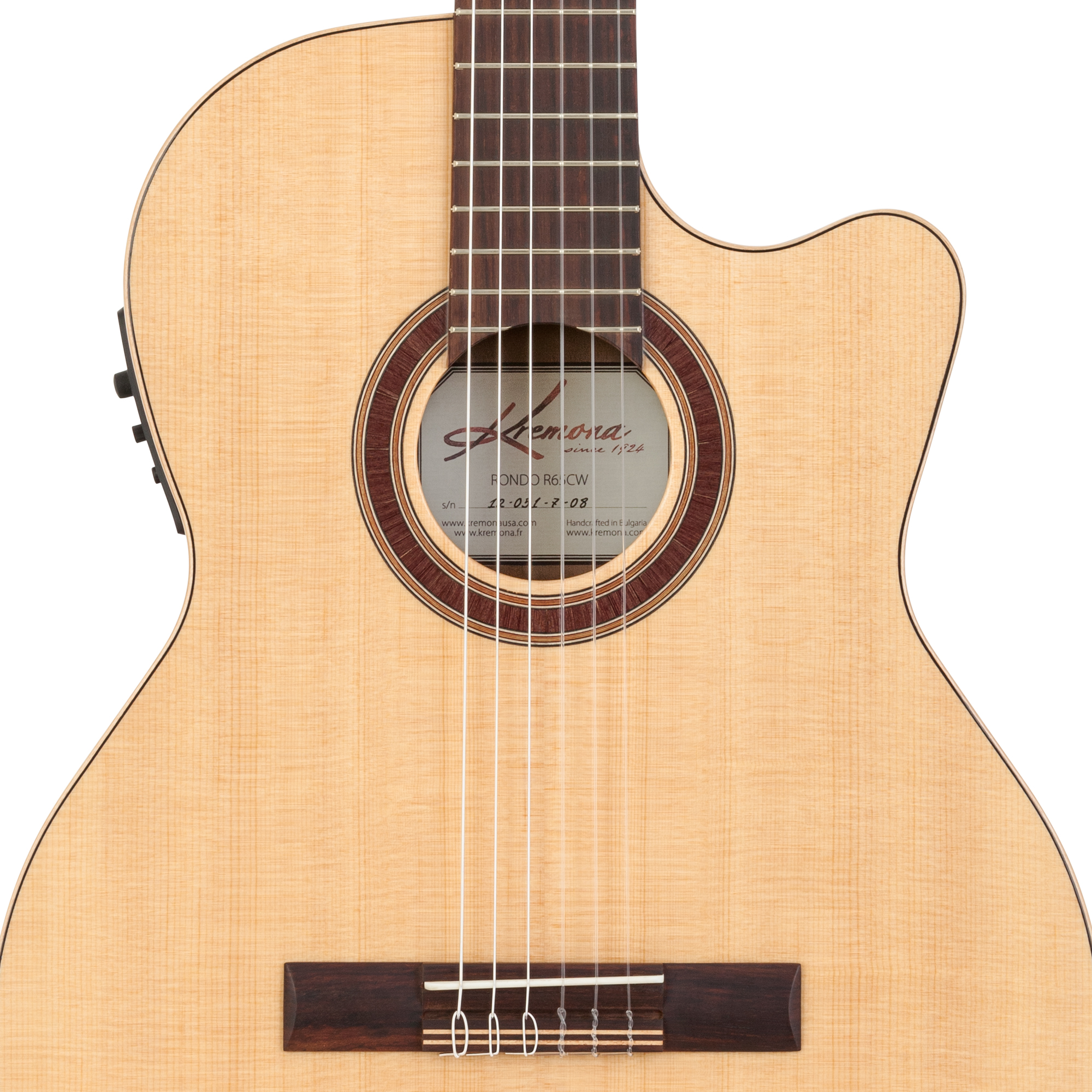 Kremona Rondo R65CWC cutaway nylon stage guitar with solid spruce top and hand-inlaid wooden rosette