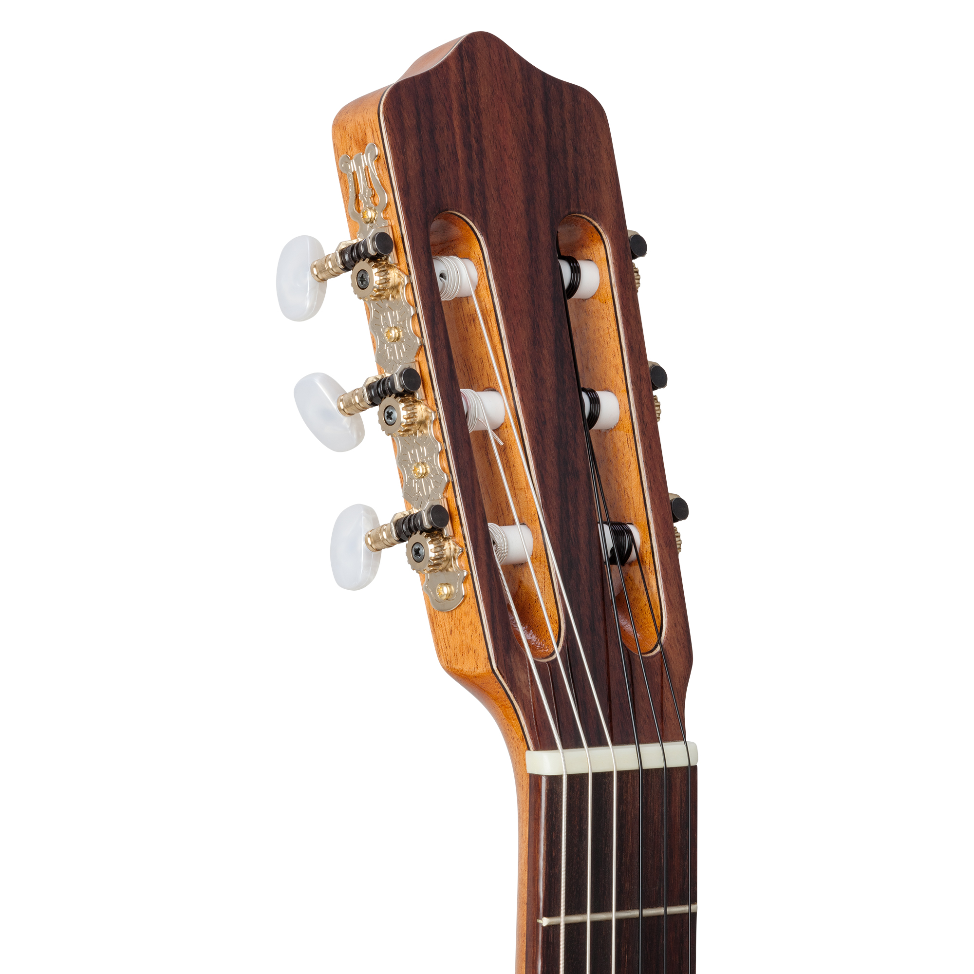 Kremona Rosa Morena handcrafted flamenco guitar with gold tuning machines and pearl buttons