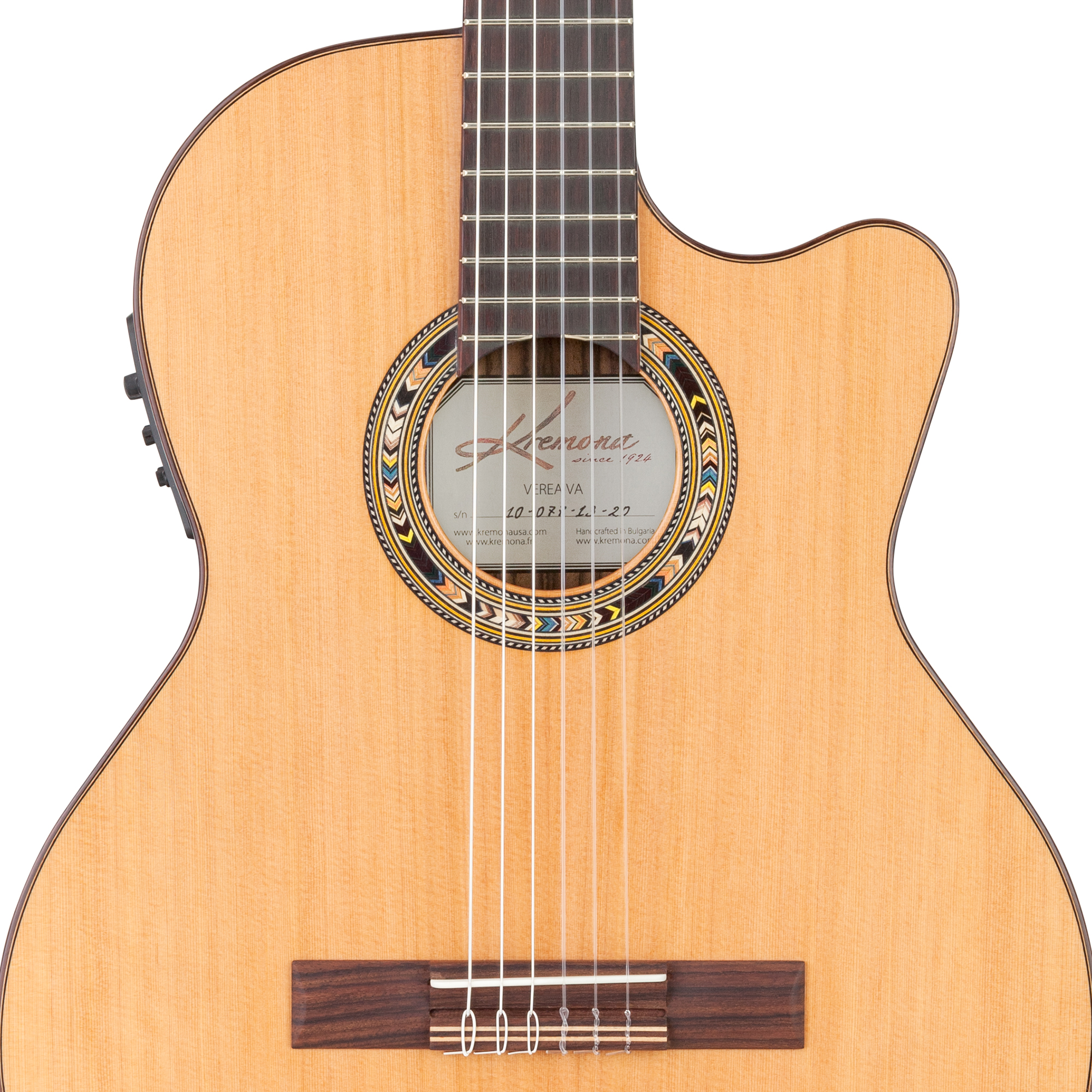 Kremona Verea crossover cutaway nylon stage guitar with solid cedar top and hand-inlaid wood rosette