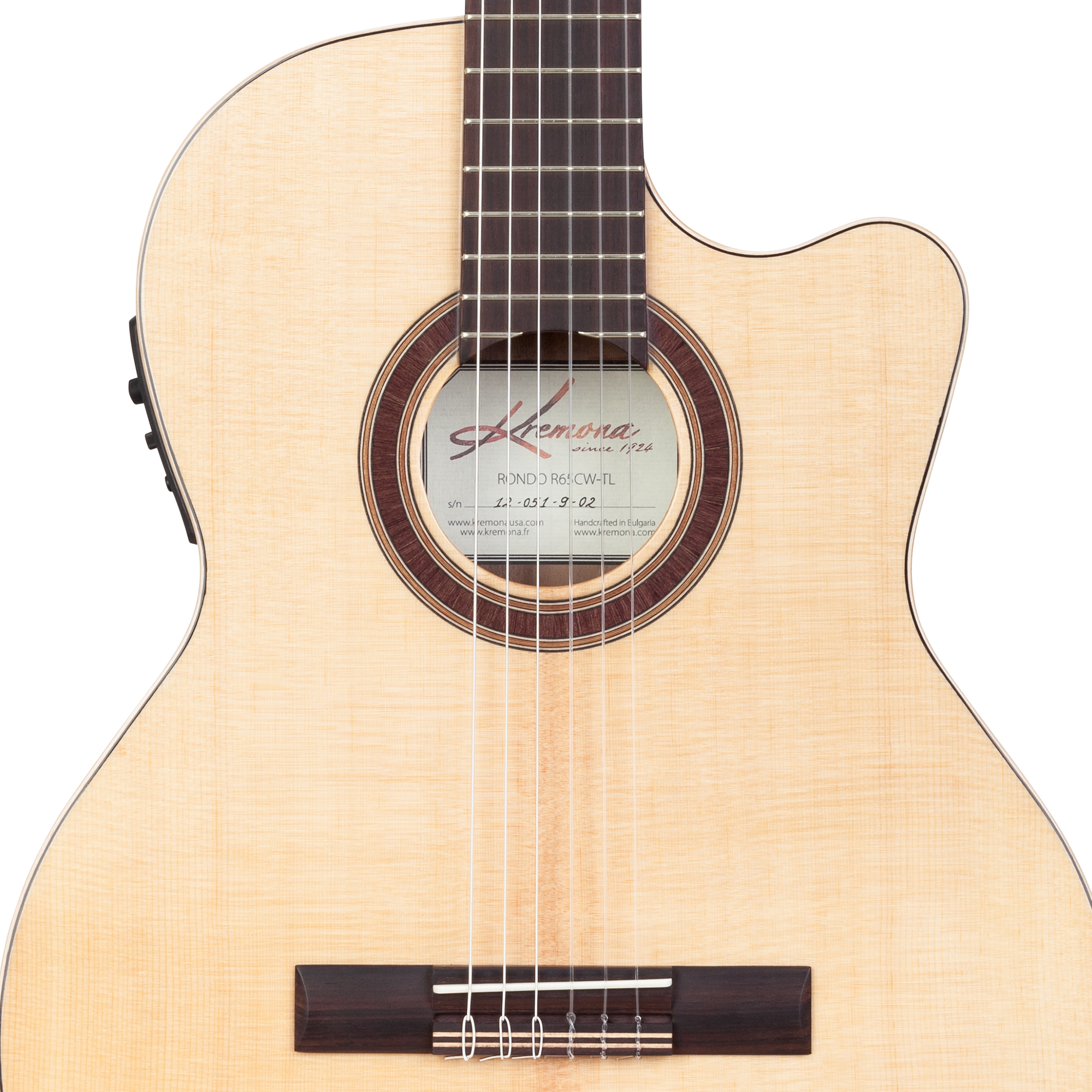 Kremona Rondo R65CW TL crossover thin-line cutaway nylon stage guitar with hand-inlaid wooden rosette