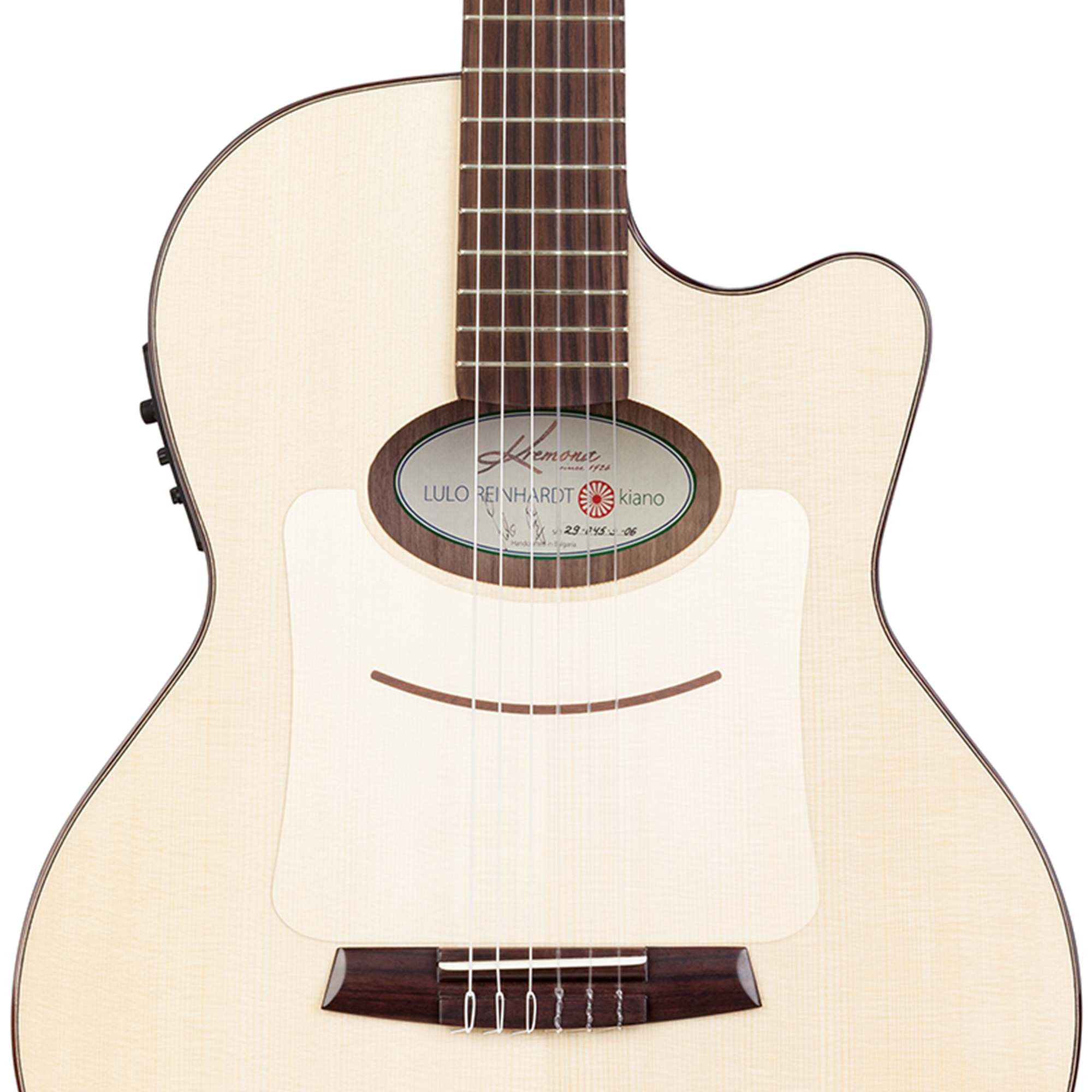 Kremona Kiano Lulo Reinhardt Signature crossover cutaway nylon guitar with Ars Minima rosette and Montmarte-styled bridge