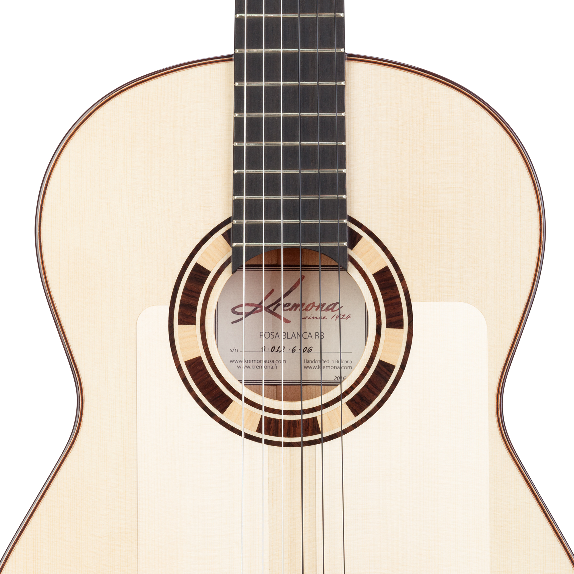 Kremona Rosa Blanca handcrafted flamenco blanca guitar with clear golpeador and hand-inlaid wood rosette