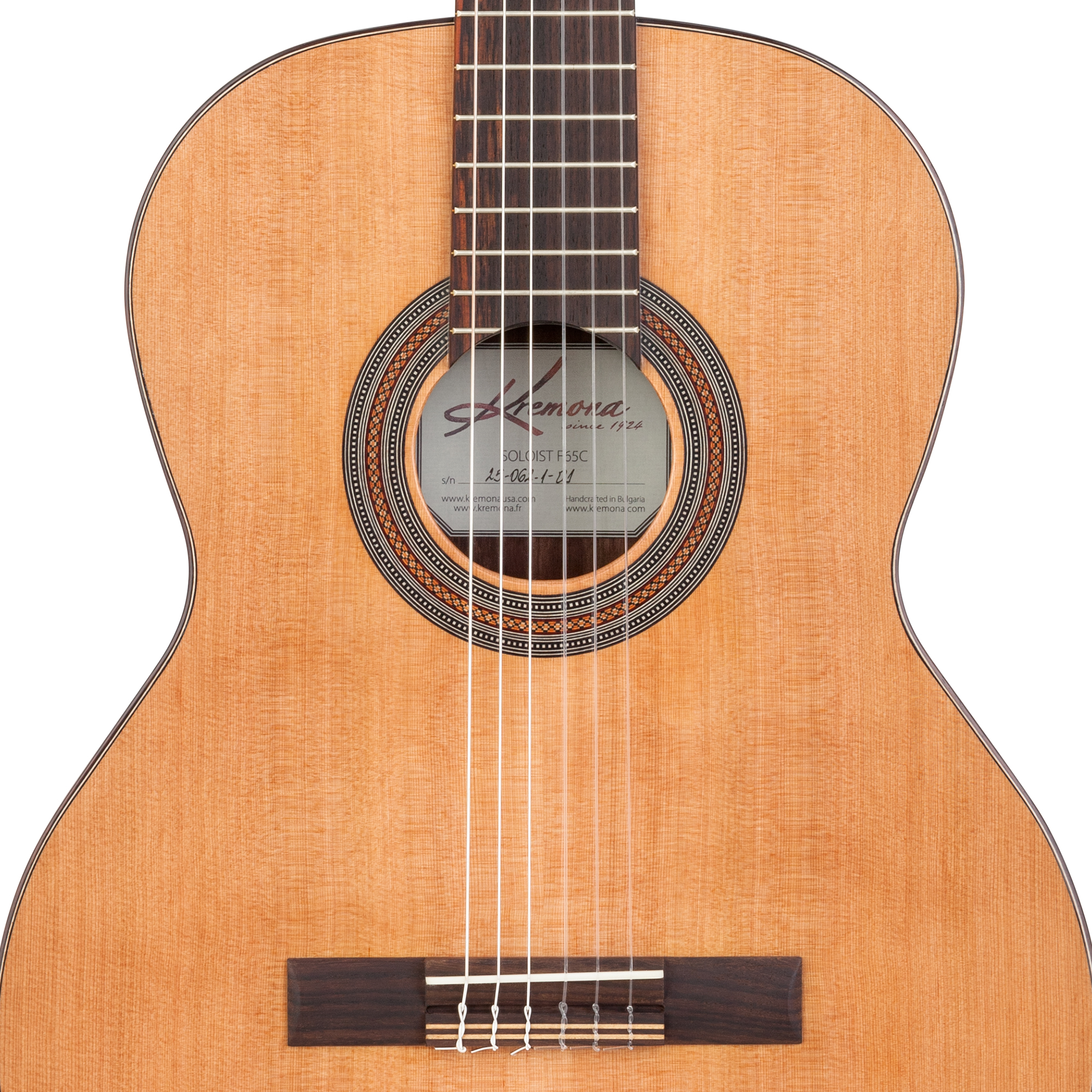 Kremona F65C European-Handcrafted Solid-Top Classical Guitar with solid cedar top and hand-inlaid wood rossete