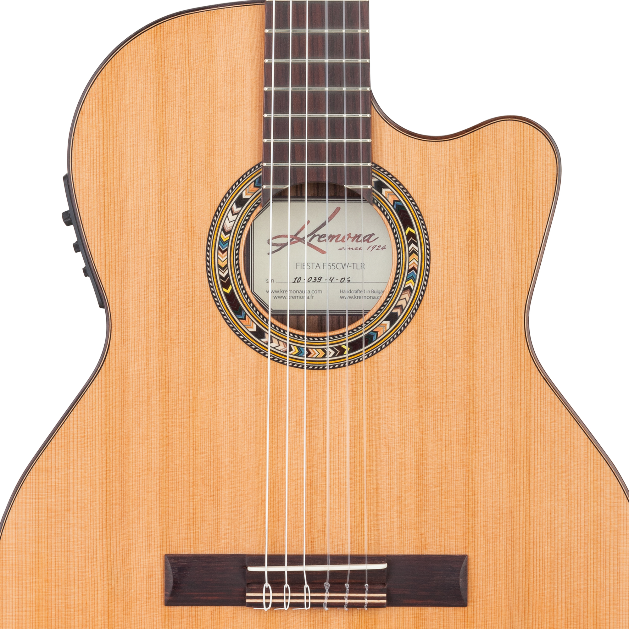 Kremona Fiesta F65CW TLR crossover thin-line nylon stage guitar with solid cedar top and hand-inlaid wood rosette