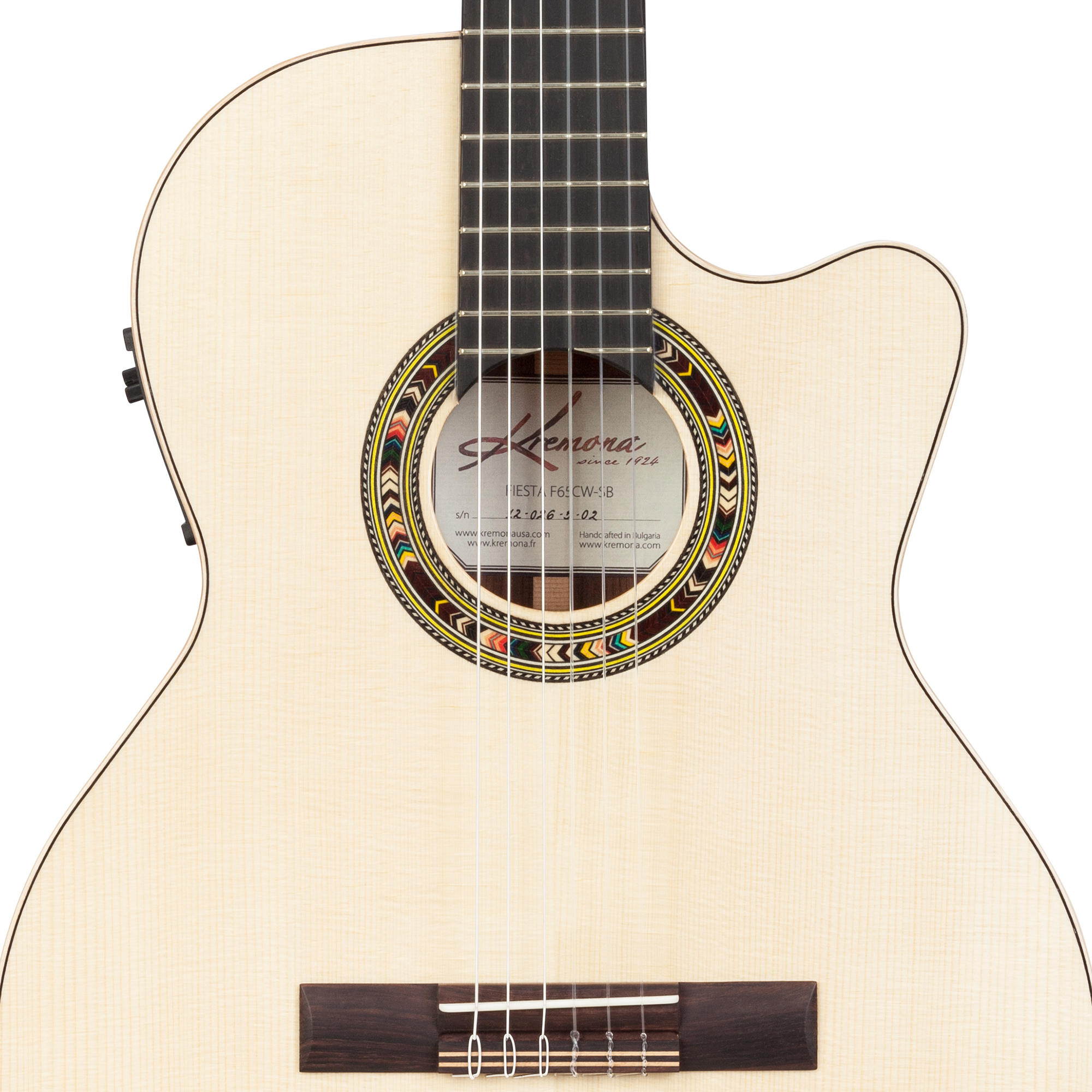 Kremona Fiesta F65CW-SB cutaway stage nylon guitar with solid spruce top with hand-inlaid wood rosette