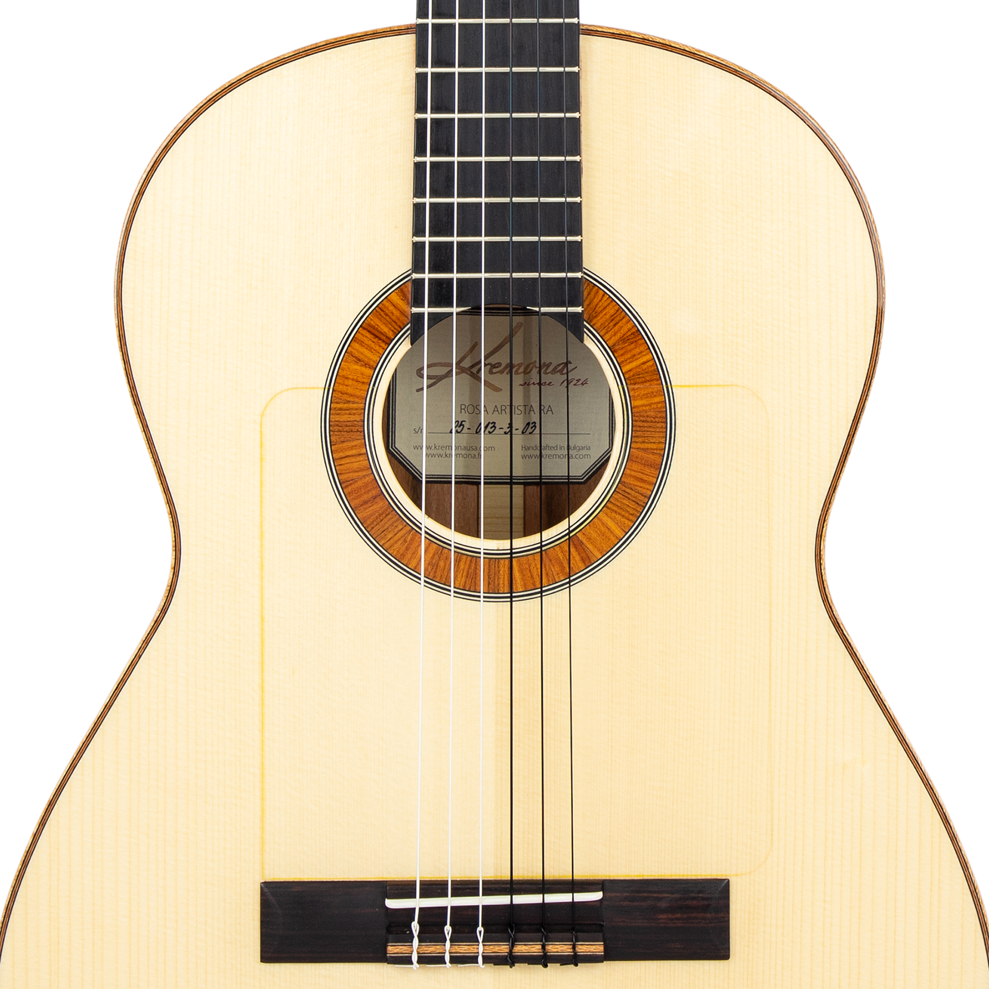 Kremona Rosa Artista Ra handcrafted flamenco guitar with clear golpeador and hand-inlaid wood rosette
